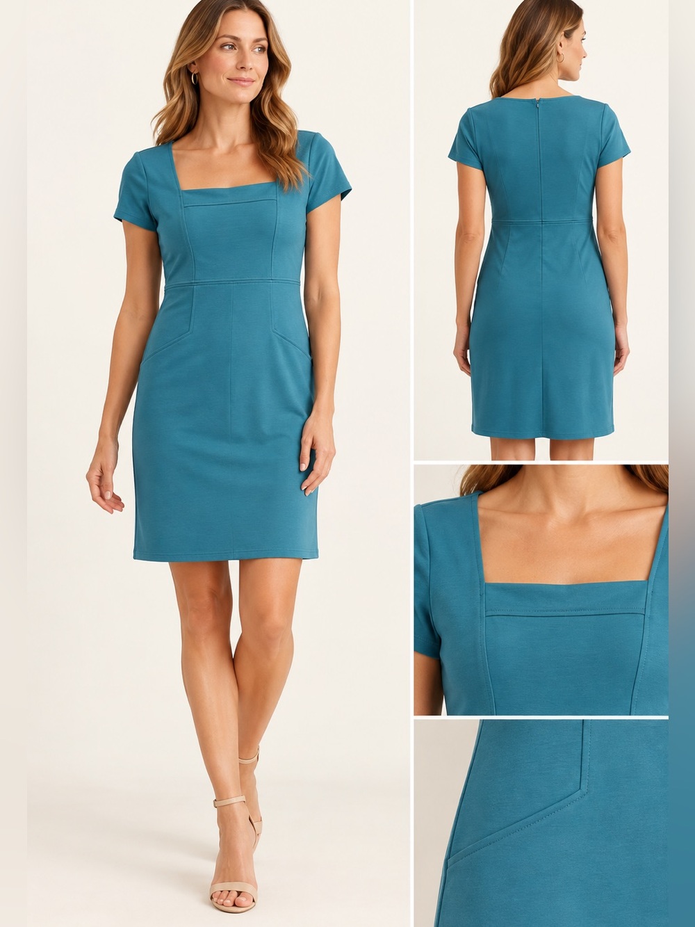 Ann Taylor Teal Square-Neck Cap Sleeve Sheath Dress